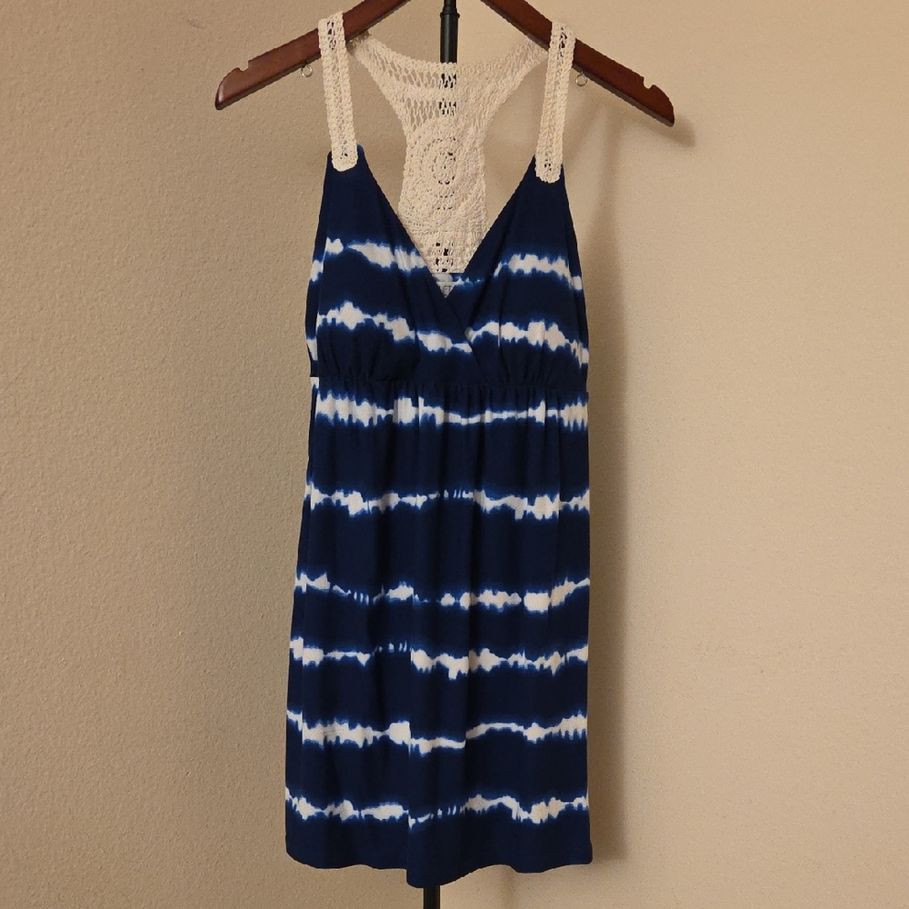 PLANET GOLD Blue and White Dress with Crochet Detail